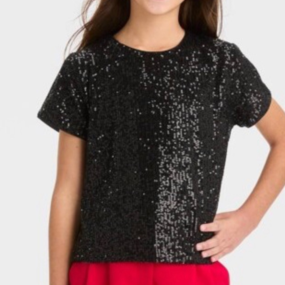 Girl’s Kids art class Holiday Black Sequin Short Sleeve Boxy Tee size 10/12